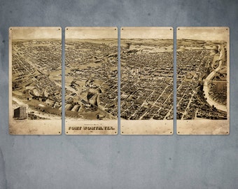 Vintage Fort Worth Texas METAL Quadriptych 48x24" FREE SHIPPING