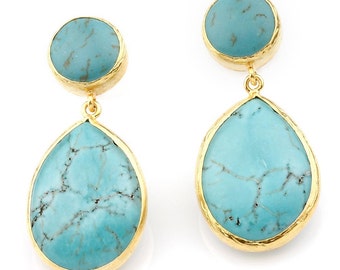 Blue Turquoise Earrings made with silver coated 18K gold, big long turquoise, teardrop earrings, blue drop turquoise, post back earrings