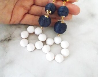 Navy Blue and White Clip-On Earrings