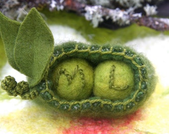 Personalized two peas in a pod green felt wool peas and eco wool pod... loved one Seventh year anniversary gift wool (woolcrazy)