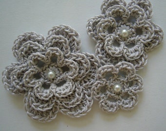Crocheted Flowers - Silver Mist with a Pearl - Cotton Flowers - Crocheted Flower Appliques - Crocheted Flower Embellishments