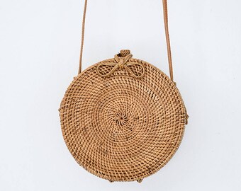 Round Rattan Bag Leather Crossbody Personalized Hand-bag Floral Pompom Customised Personalised Circle Travel Holiday Luxury Ata Brown Ribbon