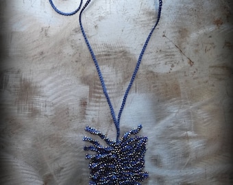 New, Beaded Fern Necklace, Crocheted Lace, Blue, Handmade, Thread, Nature, Unique, Bohemian, Original, Glass Beads, Encrusted, Monicaj