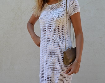 Vintage 70's crochet dress in white - wear as wedding dress - xs