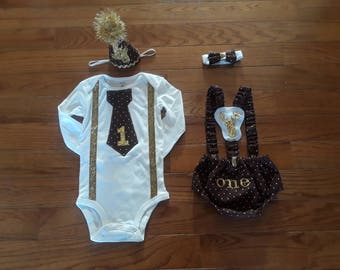 First Birthday Cake Smash Winter Onederland Deer Buck Woodland Forrest Gold Brown White Diaper Cover Suspenders Hat Bodysuit for Baby Boy