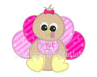 Baby Girl Turkey Applique Machine Embroidery Design Thanksgiving first 1st INSTANT DOWNLOAD