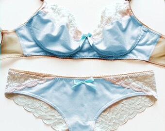 Something Blue Bridal Lingerie Set: Baby Blue Cotton and Lace Lingerie Set - Soft Bra and Brazilian Cut All Lace Back Panties Set