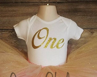 Glitter Gold Cursive One Bodysuit. Gold One Bodysuit. Gold First Birthday.