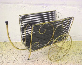 Mid Century Wagon Magazine Newspaper Holder Metal Mesh Cart Basket with Wheels - Mid century Modern wire holder Rack Gold and Black