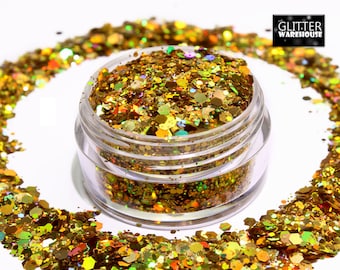 GlitterWarehouse Gold Chunky Glitter Mix Holographic Mermaid Solvent Resistant Cosmetic Grade Glitter