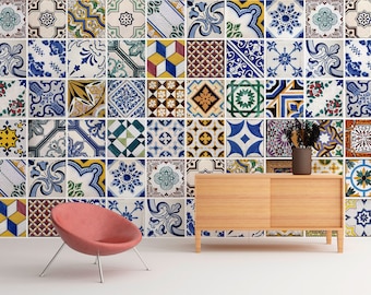 Wall Mural - Portuguese Tiles - Azulejos - Repositionable Adhesive Fabric - Self-Adhesive Wall Covering - Peel And Stick - SKU: PTTilesMur