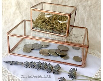 Porta alianzas y arras, caja para arras, wedding ring box and arras holder, glass box display, business card holder, glass box with lid.
