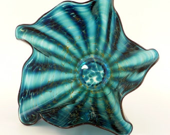 Unique Decorative Hand Blown Glass Bowl in Blue Green, Contemporary Glass Sculptural Art, Aquatic Modern Table Accessory, Handmade Gift