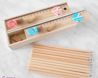 Favors Set colored pencils, sharpener, ruler decorated with Fimo treats