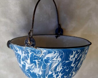 GRANITEWARE Pot, Pan or Bucket with Bail Handle, Side Handle and Pouring Indentation - Unusual with VINTAGE Blue SWIRL from Early 1900's