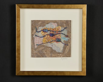 Fiber art, framed, contemporary art, natural & synthetic fibers, embroidery, stitching, one of a kind, decor,"Me!MeMe!"