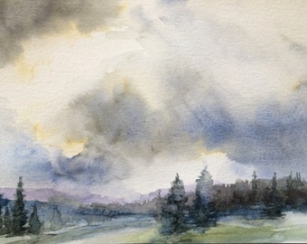 cloud painting, landscape painting,rainy day,pine trees, Landscape watercolor, storm clouds, storm cloud art, misty trees, Pacific Northwest