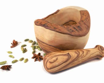 Rustic mortar and pestle made with olive wood