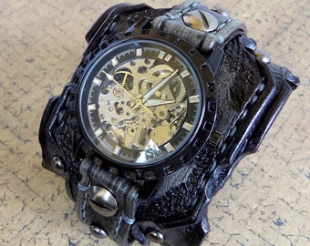 Skeleton Leather Watch, Steampunk Watch Cuff, Men's watch, Leather Wrist Watch, Leather Cuff, Bracelet Watch, Distressed watch strap