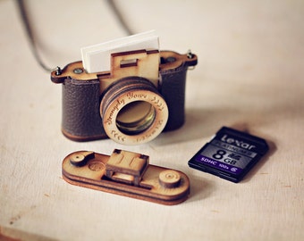 Wood and Leather Camera LOCKET version - Aztec Red, Brown personalised Christmas gift