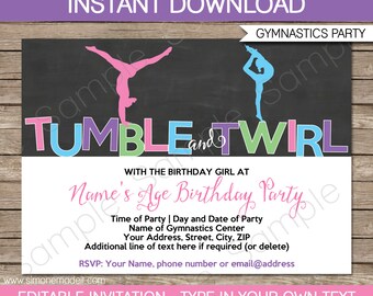 Gymnastics Invitation Template - Gymnastics Birthday Party Invite - Printable Chalkboard Invitation - INSTANT DOWNLOAD with EDITABLE text
