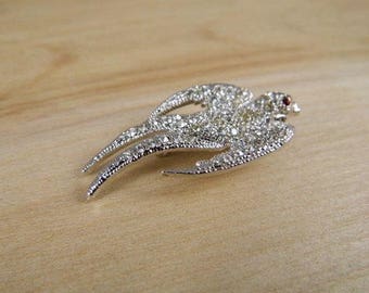Rhinestone Bird Brooch, Vintage Bird Brooch, Swallow or Swift Bird Brooch, Vintage 1960s Bird Pin, Silvertone Clear Rhinestone Animal Brooch