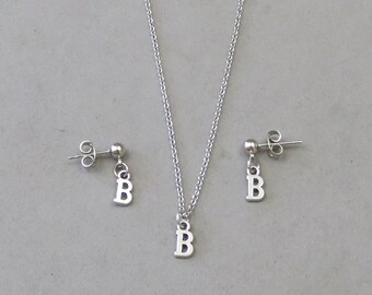 Tiny Initial B Necklace and Earring Set- Gold or Silver Plated