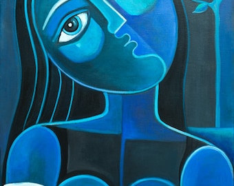Cubist Abstract painting Original Acrylic artwork Blue Girl Marlina Vera Fine Art Gallery Modern Figurative Cubism Picasso style peinture