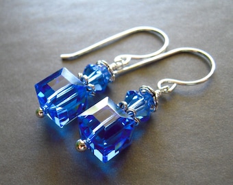 Blue Cube Crystal Earrings, Swarovski Crystal, Cube Earrings, Crystal Earrings, Contemporary Earrings