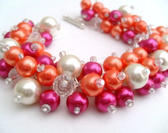 Hot Pink and Orange Pearl Beaded Bracelet, Wedding Jewelry, Bridesmaid Bracelet, Cluster Bracelet, Pearl Bracelet, Chunky Jewelry, Summer