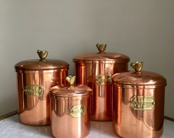 Vintage Copper Set Of 4 Canisters. Brass Labels. Bread, Flour, Sugar, Tea, Coffee.