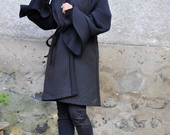 Extravagant neoprene black coat/Woman beautiful coat/Neoprene Jacket/Winter lining blazer/Black maxi blazer/Handmade unique jacket/C0370