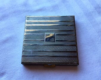 Vintage Compact|Volupte American Compact|Silver Tone Exterior|Gold Tone Interior|1950's|Compact with Powder Puff and Powder|Made in USA