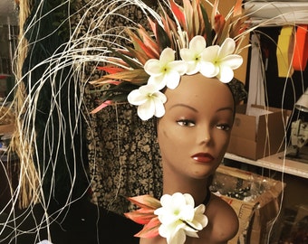 Ti leaf Niau and Jelly Foam Plumeria headpiece