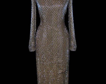 Bob Mackie vintage beaded gown, heavily beaded couture dress, evening, formal, red carpet, 1980s 80s 80's, long sleeves, fitted