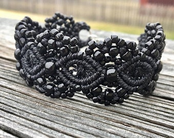 SALE Micro-Macrame Beaded Cuff Bracelet - Glossy Black