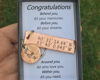 Graduation Gifts, Grad Gifts, Graduation Keychain, GPS keychain, College Graduation, Lucky Penny, Graduation Gift Best Friend, For her