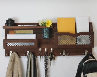 Entryway Organizer, Wood Shelf, Floral Vase, Mail Organizer, Coat Rack, Key Hooks, Hallway Decor, Decorative Metal Inlay