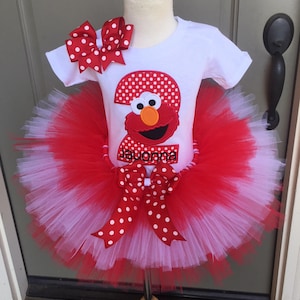 Elmo Birthday Party Tutu Outfit Dress Set Handmade 1st 2nd 3rd Sesame Street Birthday in Red and White