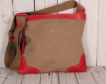 Vintage shoulder bag PRADA logo jacquard Canvas red leather bag Prada Adjustable strap