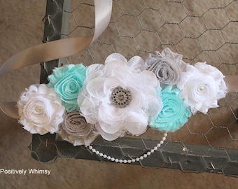 Maternity Sash, Boy Maternity Sash, Aqua Blue Maternity Sash, Belly Sash, Flower Sash, Aqua Maternity Sash, White, Aqua, Gray, RTS