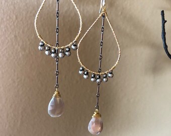 Chocolate moonstone drop earrings with mixed metals