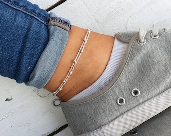 Silver beaded anklet, Silver anklet bracelet, beaded ankle bracelet, anklets for women, silver bracelet, silver jewellery. Turtle Toes Co.