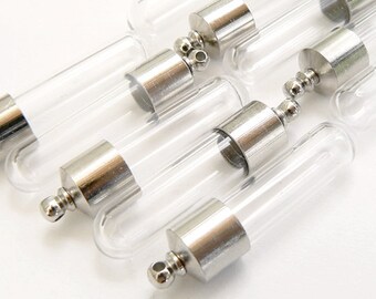 Large Glass Tube Pendants w/ screw caps round bottom (miniature/tubes/vials/bottles/empty/clear/small/little/metal/screws/caps/wishing/8mm)