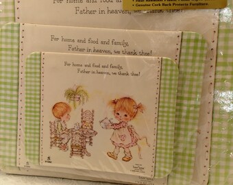 3 Piece Trivet Set Combination/Hot Pads And Wall Plaque/Heat Resistant/Wipe Clean/Cork Background/New V