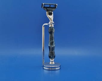 Handcrafted Razor Handle and stand, Acrylic, chrome, Mach3 or Fusion