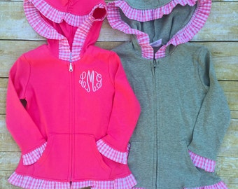 Girls Monogrammed Ruffle Jacket, Monogrammed Gingham Hooded Full Zip Jacket, Toddler Jacket, Cotton Jacket, Sweatshirt Jacket