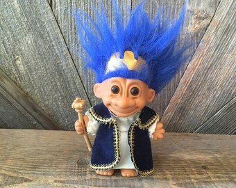 Vintage Queen Troll Doll {King or Queen Royal Troll with blue Hair} Russ Berrie {5 inch Troll} Vintage Troll Doll Royalty Crown and Gown