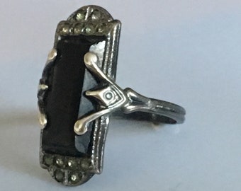 Antique Art Deco Sterling Rhinestone and Onyx Ring cica 1925