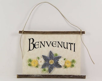 Benvenuti, Italian Welcome, Paper Quilled Welcome Sign, 3D Paper Quilled Banner, Blue White Yellow Decor, Italy Gift, Italian Welcome Sign